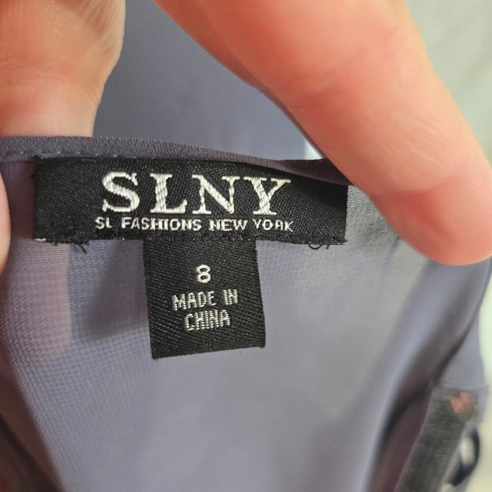 SLNY Women's Navy Sequined Neck Detail Tiered A-Line Dress with Over Coat Size 8 - Picture 5 of 6